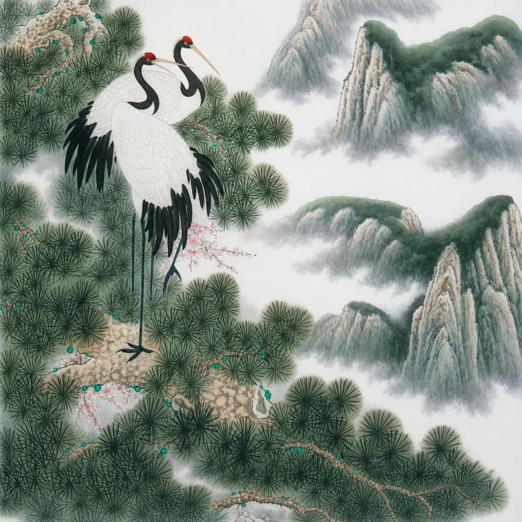 仙鶴松山図